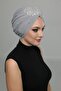 Embroidered Light Gray Rose Motif Ready-Made Turban Hijab Evening Dress Bonnet with Kopma Lining - 3