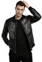 Black Slim Fit Men's Faux Leather Jacket – Stone Lion Embroidered College Collar Ribbed Jacket 2600353 - 2