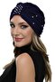 Zeni Stone-Lined Handcrafted Embroidered Navy Blue Ready-Made Turban Hijab Cap Suitable for Medical Use - 3