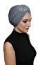 Shattered Lined Embroidered Dark Gray Rose Motif Ready Turban Hijab Evening Dress Cap - 3