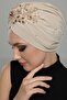 Detachable Lining Embroidered Beige Threaded Motif Ready-made Hijab Hijab Evening Dress Bonnet - 6