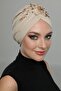 Detachable Lining Embroidered Beige Threaded Motif Ready-made Hijab Hijab Evening Dress Bonnet - 5