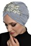 Detachable Lining Embroidered Light Gray Yellow Lace Motif Ready-made Hijab Hijab Evening Dress Bonnet