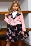 Girl's Short Sleeve Ruffle Collar Shirt Pink Blazer Jacket Floral Pattern Atlas Fabric Skirt Set - 4