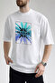Men's Turquoise and Blue Palm Leaf Crew Neck White T-Shirt - 3