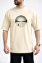Men's Circular Shape Mountain and Water Themed Crew Neck Beige T-Shirt
