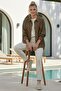 Brown Shirt Collar Cuffed Sleeves Double Flap Pockets Casual Linen-Look Woven Jacket 65 65 - 6