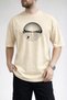 Men's Circular Shape Mountain and Water Themed Crew Neck Beige T-Shirt - 3