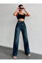 Jeans Women's Dark Blue High Waist Wide Leg Denim Pants - 2
