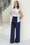 Women's Navy Blue Patterned Blouse and Trousers Two-Piece Set - 2