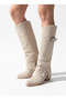 Beige Suede Troc Detailed Stylish Long Zipperless Boots with Leg-Enhancing Appearance
