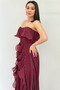 Women's Strapless Double Slit Ruffle Evening Dress Water Green, Indigo, Fuchsia, Burgundy, Beige - 2