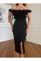 Rose Detailed Off-Shoulder Slit Midi Evening Dress