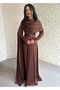 Women's Long Satin Dress with Cape and Embellished Embellishments - 7