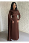 Women's Long Satin Dress with Cape and Embellished Embellishments - 6