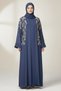 2 Pieces Elegant Dark Blue Embroidered Abaya Set For Women Long Sleeve With Inner Muslim Abaya Dress