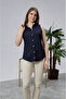 Navy Blue Cotton Satin Lycra Patterned Fabric Detailed Zero Sleeve Slim Fit Women's Shirt - 5