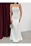 White Bust Stone Embellished Strapless Evening Dress with String Tie - 4