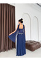Navy Blue Heart Neckline Stone Embroidered Shawl Detailed Skirt Pleated Evening Dress - 6
