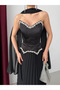 Black Heart Collar Stone Embellished Shawl Detailed Skirt Pleated Evening Dress - 3