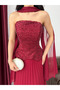 Burgundy Shawl Detailed Sequin Embroidered Chiffon Skirt Evening Dress - 3