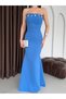 Blue Chest Stone Embellished Strapless Evening Dress with String Ties - 5