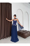 Navy Blue Heart Neckline Stone Embroidered Shawl Detailed Skirt Pleated Evening Dress - 3