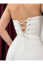 White Bust Stone Embellished Strapless Evening Dress with String Tie - 5