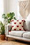 Red Heart Patterned Punch Cushion Cover 42X42 cm - Embossed Textured Pillow with Tassels