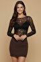 Women's Flocked Printed Long Sleeve Crew Neck Transparent Blouse