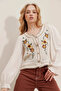 Women's Ecru Floral Embroidered Openwork Knit Body Balloon Sleeve Buttoned Bohemian Blouse