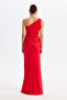 Red Top and Crepe Bottom Satin Evening Dress - 5