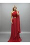 Boynu Detachable Symmetrical Cut Pleated Waist Belted Long Evening Dress Red