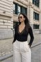 Women's V-Neck Long Sleeve Blouse with Lace Detail on Sleeves and Collar