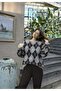 Gray Black Diamond Pattern Crew Neck Oversize Women's Knitwear Sweater - 7