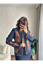 Women's Navy Blue Brown Embroidered Collarless Seasonal Denim Jeans Jacket