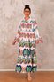 White Flounce Sleeve Front Button Skirt Layered Tropical Print Long Dress - 4