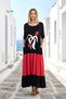 Red and black trimmed boat neck short sleeve appliqued tulip embroidered long dress