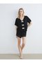 Lcw Dream Black V-Neck Bow Detail Women's Shorts Pajamas Set