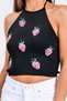 Black Strawberry Embossed Print Halter Crop Knitted Blouse - 3