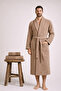 Men's Bathrobe 100% Cotton Certified 3-Piece Shawl Collar Striped Beige Bathrobe and Towel Set - 5