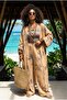 Floral Leaf Printed Oversized Kimono Caftan Elastic Waist Pants Natural Crinkled Bohemian Set - 3