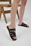 Women's Black Thermo Sole Flat Buckle Detailed Slippers - 3