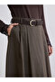 Khaki a-line poplin skirt with zippered waist and belt - 3