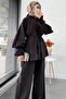 Pleated Sleeve Button-Front Women's Two-Piece Set - Bitter Coffee - 8