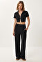 Zippered Crop Modal Top and Bottom Set Lby0047 Black