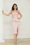 Double Tek Kol Rose Detailed Pencil Long Dress - Pudra