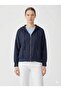 Women's Navy Blue Italian Zippered Hooded Low Sleeve Oversize Linen Blouse - 3