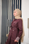 Women's Snap Detailed Stitching Detail Waist Tie Set Burgundy - 7