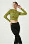 Women's Oil Green Half Turtleneck Patterned Crop Blouse Nj75 - 2